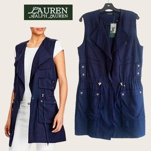 LAUREN RALPH LAUREN NEW Twill Snap Flag Pocket Oversized Utility Cargo Vest M